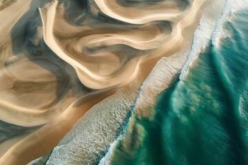 landscape with desert beach, aerial view of sand dunes and ocean waves, abstract patterned texture, desert vegetation and turquoise water, photorealistic // ai-generated 