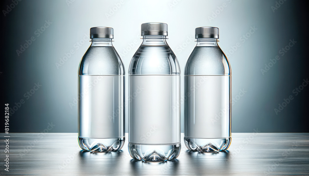 Poster three clear plastic water bottles with blank labels on a wood surface, with a gradient blue backgrou