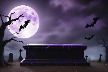 black and purple podium stage for product presentations and promotions with Halloween celebration theme decorations.