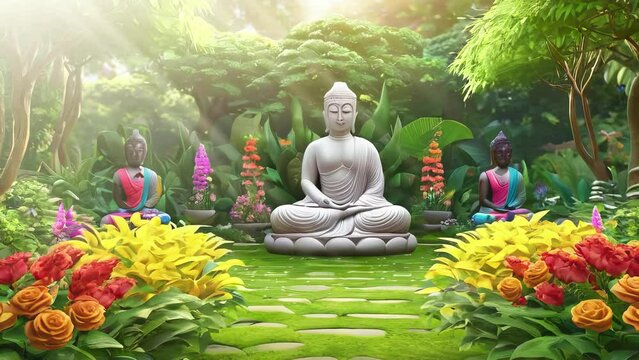 Buddha Statue in Garden, Radiating Sunlight