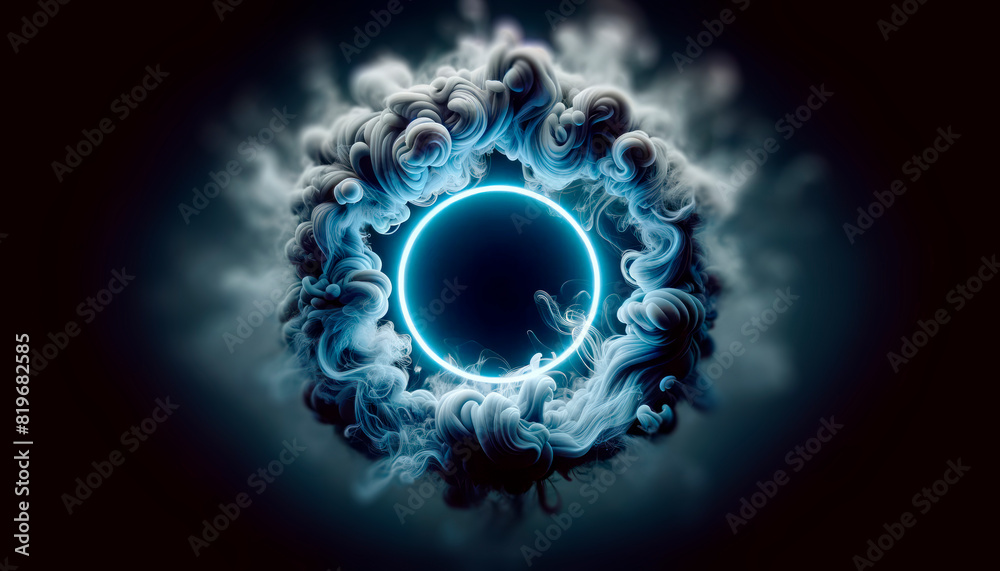Poster Abstract circular light surrounded by dynamic smoke patterns on a dark background, concept of modern design elements. Generative AI