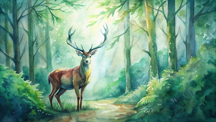A majestic stag standing regally amidst a lush green forest, its powerful antlers reaching towards the sky as it surveys its domain with a watchful eye
