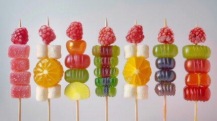 Colorful Assorted Candy and Fruit Skewers on a Bright Background