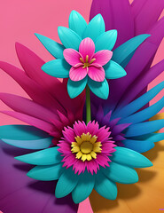 Fototapeta premium Wallpaper style Tropical flowers in shades of fuchsia purple and turquoise cascade with colorful theme abstract background 