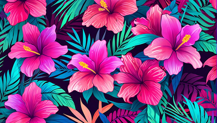 Wallpaper style Tropical flowers in shades of fuchsia purple and turquoise cascade with colorful...