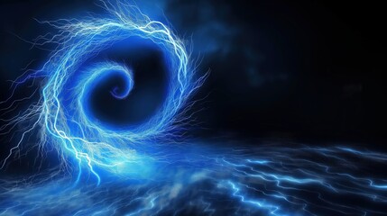 A 3D-rendered depiction of a blue lightning vortex, spiraling downwards like a tornado, set against a pitch-black background
