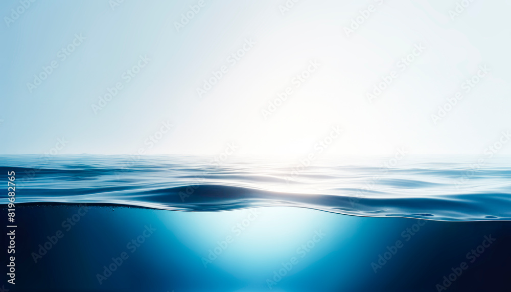 Poster a tranquil ocean with gently undulating waves against a clear sky, ideal for a clean and modern back