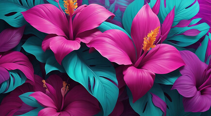 Wallpaper style Tropical flowers in shades of fuchsia purple and turquoise cascade with colorful theme abstract background
