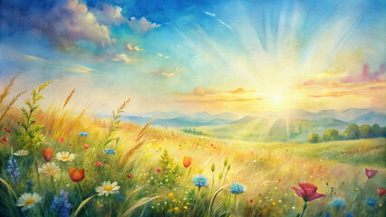 A serene meadow bathed in golden sunlight, with wildflowers swaying in the breeze under a clear blue sky 