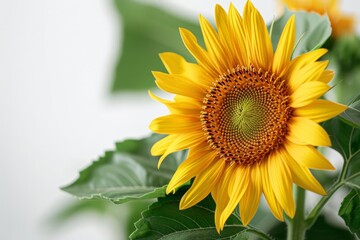 Obraz premium Big sunshine yellow sunflower with green leaves, isolated on a clean white background, ideal for creative floral marketing and nature ads