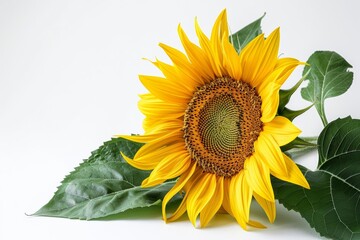 Obraz premium Big sunshine yellow sunflower with green leaves, isolated on a clean white background, ideal for creative floral marketing and nature ads
