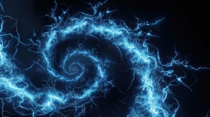 Obraz premium A 3D-rendered image of a network of blue lightning bolts forming a spiral galaxy shape against a pitch-black background. 