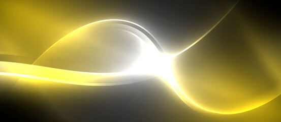 Neon glowing circle rays, light round lines in the dark, planet style neon wave lines. Energetic electric concept design for wallpaper, banner, background