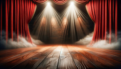 A theatrical stage with red curtains, wood floor, and spotlights on a brick wall background, concept of performance space. Generative AI