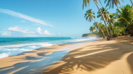 Tropical beach with palms, golden sands, and gentle waves, a perfect backdrop.