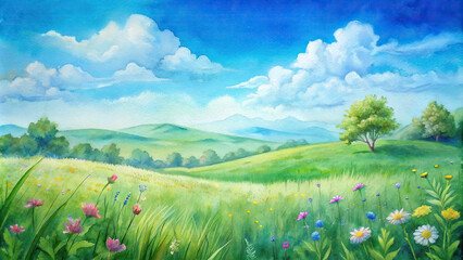 A peaceful meadow scene with lush green grass and wildflowers under a clear blue sky, depicting the beauty of nature 