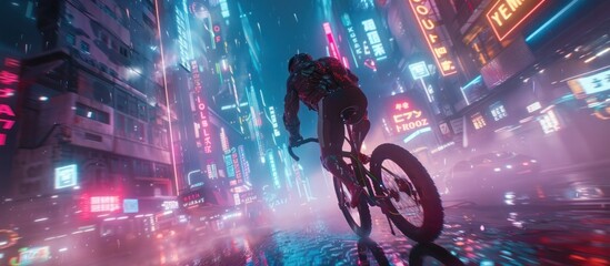 Bodybuilder Knight Pedaling through a SciFi Futuristic City on a HighTech Bicycle
