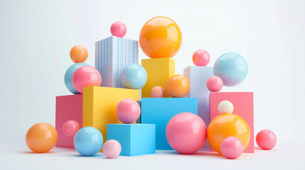 3D rendering of a simple geometric scene with a large yellow sphere, a blue sphere, a pink, Set of background with yellow blue pink cylinder pedestal podium bouncing white and colorful balls scene. 