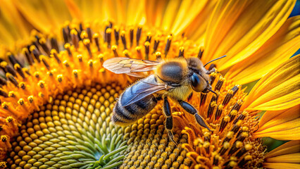 A detailed close-up of a bee collecting nectar from the center of a blooming sunflower, highlighting its fuzzy body and translucent wings.