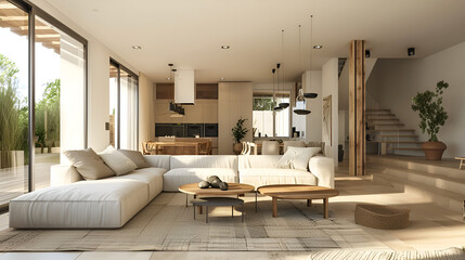 Modern living room in natural colors copy space Interior of stylish living room ai generative