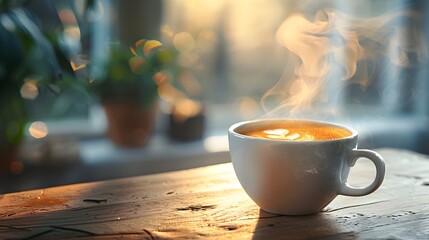 Warm and Inviting Cup of Freshly Brewed Coffee with Captivating Steam and Aroma on Rustic Wooden Table