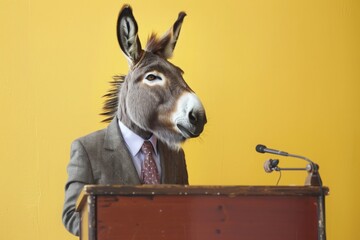 A donkey in a suit standing at a lectern