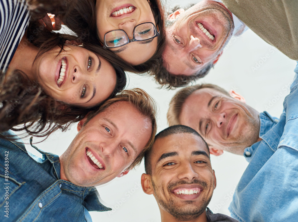 Poster happy, huddle and portrait with designer team in office together for solidarity or unity from below.