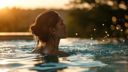 A lone woman in a pool bounces her hair out of the water in a beautiful evening.