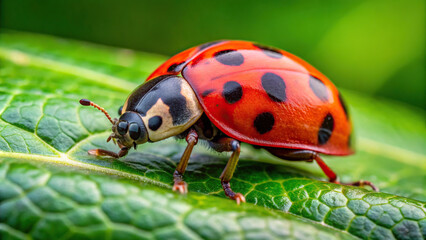 Close-up of a ladybug crawling on a green leaf, showcasing its red shell and black spots