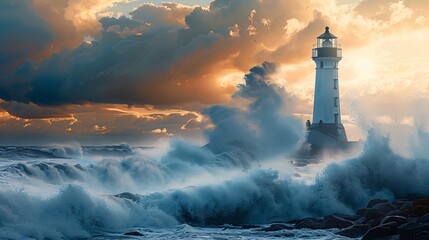 A classic lighthouse perched on a jagged coastline, with tumultuous waves crashing and spraying...