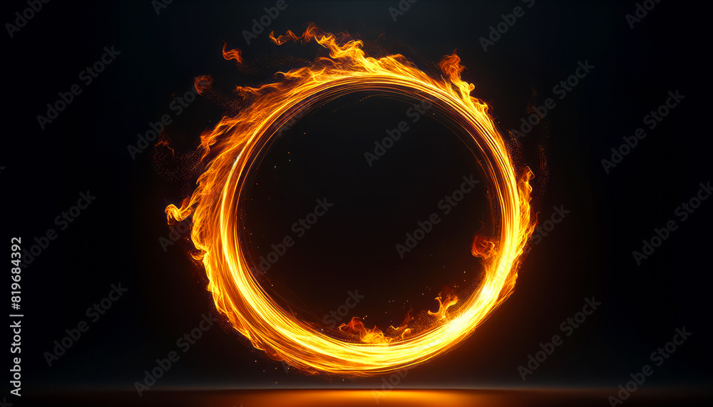 Poster a fiery circle with dynamic flames against a dark background, conveying energy and heat. generative 