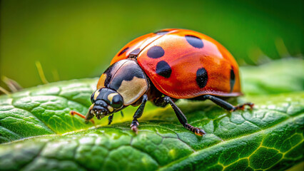 Close-up of a ladybug crawling on a green leaf, with clear background, showcasing vibrant colors and tiny details