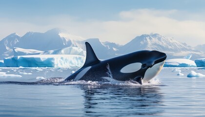 Fototapeta premium Groups of Orcas or killer whales swim and hunt for prey, the top of the food chain in a sea of ​​ice floes