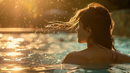 A lone woman in a pool bounces her hair out of the water in a beautiful evening.
