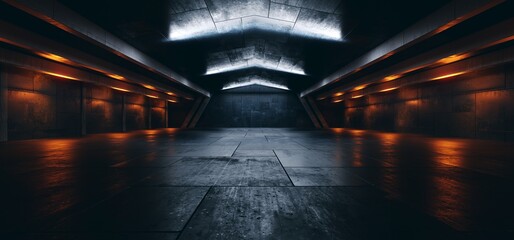 Industrial Futuristic Blue Orange Lights Cement Grunge Concrete Glossy Dark Underground Parking Garage Hangar Warehouse Showroom Studio Spaceship Realistic 3D Rendering