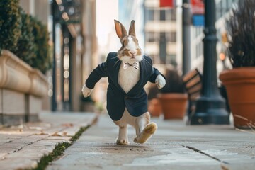 A rabbit in a suit hopping down a city sidewalk