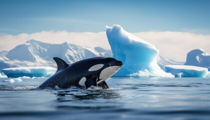 Fototapeta premium Groups of Orcas or killer whales swim and hunt for prey, the top of the food chain in a sea of ​​ice floes