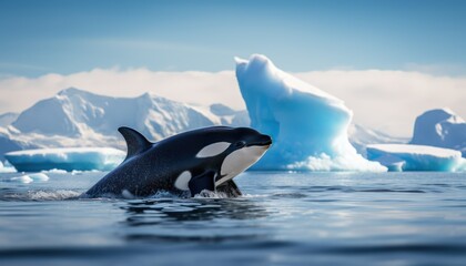 Groups of Orcas or killer whales swim and hunt for prey, the top of the food chain in a sea of ​​ice floes