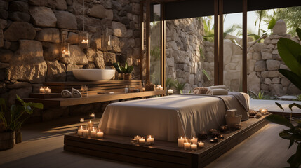 Design of a spa resort. Luxury massage room with big table, towels and different decorations