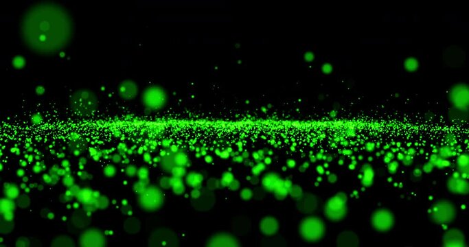 Beautiful green shine Floating Dust in black space. Slow motion rise Particles In Air With Bokeh. Backdrop for awards ceremony, nightclub, fashion show