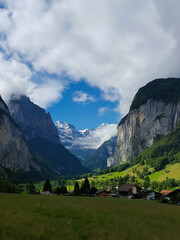 Fototapeta premium Lauterbrunnen, Switzerland town and mountains in the distance