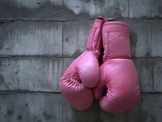 Pink boxing gloves hanging on a rough concrete wall, symbolizing strength and femininity.