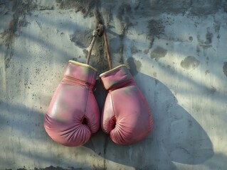 A pair of old, pink boxing gloves hang on a rough, weathered wall, symbolizing resilience and strength.