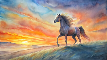 A lone horse stands majestically against the backdrop of a fiery sunset, its mane flowing in the breeze as it gazes out over the rolling hills