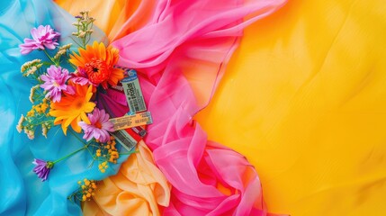 A vibrant display of colorful textiles and flowers in shades of orange, pink, and magenta on a sunny yellow background. This artful arrangement exudes a happy and joyful vibe, perfect for any event