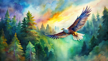 Watercolor painting of a majestic eagle soaring above a lush forest canopy, with vibrant hues capturing the essence of wildlife 