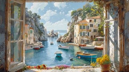 Mediterranean scene framed by an open window: a tranquil harbor, colorful fishing boats, and sun-drenched cliffs