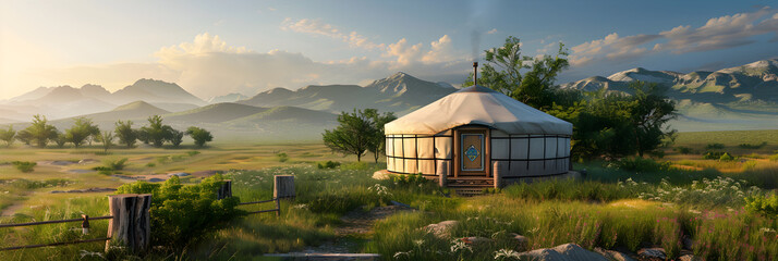 A Tranquil Abode: Traditional Yurt amidst a Mystifying Landscape - Powered by Adobe
