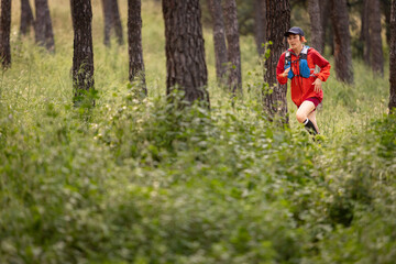 A man is running through a forest wearing a red jacket and a blue backpack. The forest is lush and green, with trees of various sizes and shapes. The man is enjoying his run