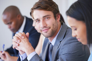 Accountant, portrait or businessman in meeting for finance report, teamwork or planning for...